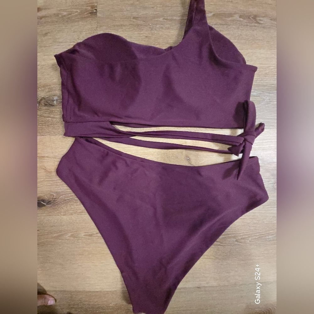 Purple High-Waisted Bikini Set with Sports Bra Top - Picture 3 of 8
